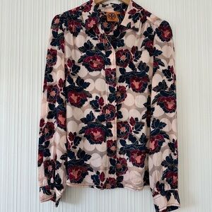 Tory Burch Silk Floral Button Down/Long Sleeve/Pink/Navy/Sheer Size 6/Medium